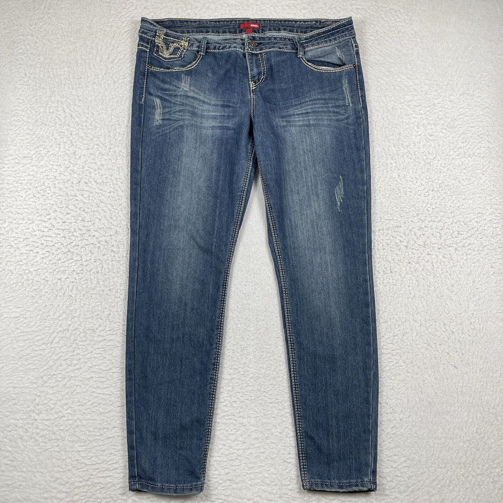 Bongo Jeans Womens 17 Blue Denim Flap Pockets Bling Gems Whiskers Distressed Y2K